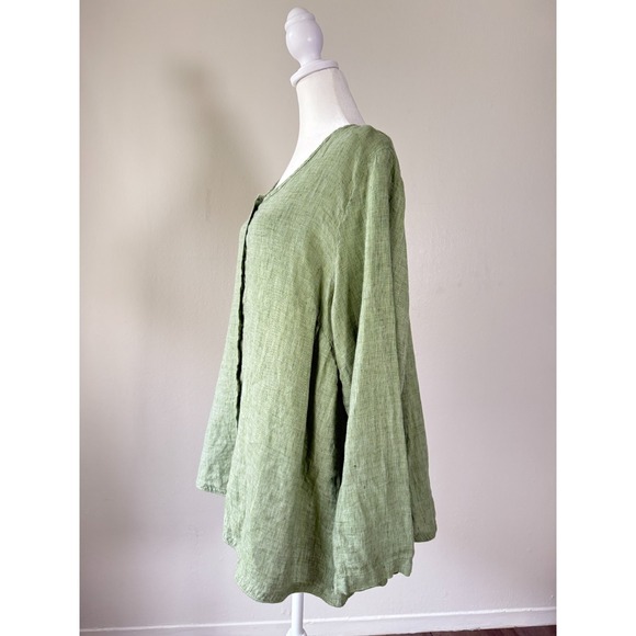 FLAX 1G Green Linen Button Front Top‎ Women 1X Lagenlook Minimalist Casual Artsy - Picture 3 of 15